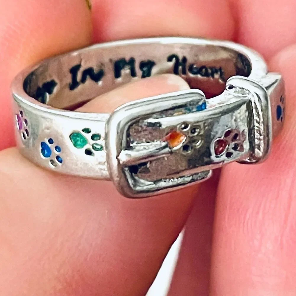 NWT Pet Collar Ring Sz 10/ Rainbow Dog Cat Paw Print engraved Always in my Heart